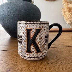 Anthropologie The Bistro Tile Stoneware Mug: Monogram Edition- K